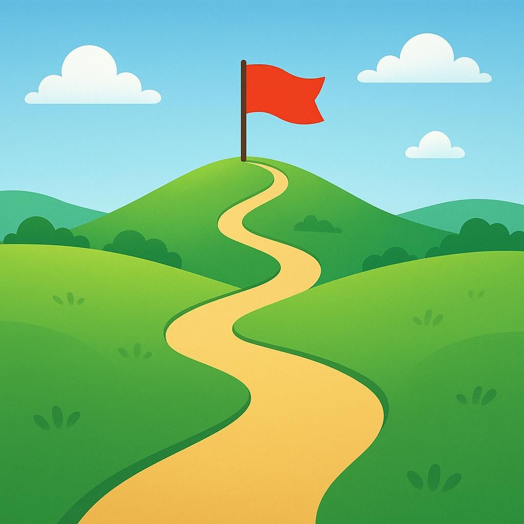 A simple, clear path winding through a landscape, leading directly to a large red flag planted on a distant hill, symbolizing a goal.