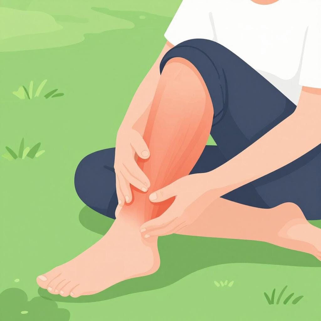 Una persona in abbigliamento sportivo seduta a terra e tenendosi il polpaccio con espressione addolorata.