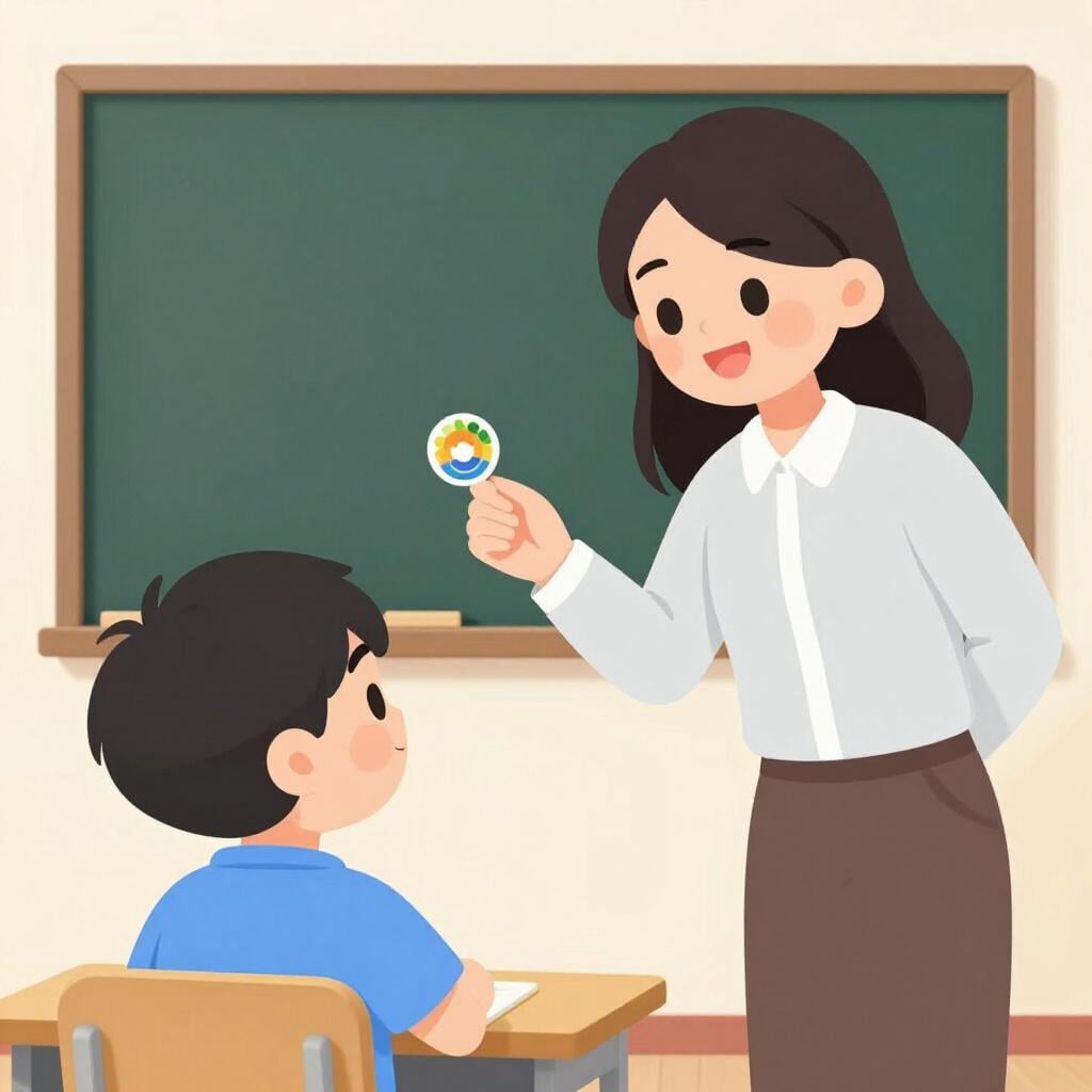 A smiling teacher handing a golden star sticker to a happy student.