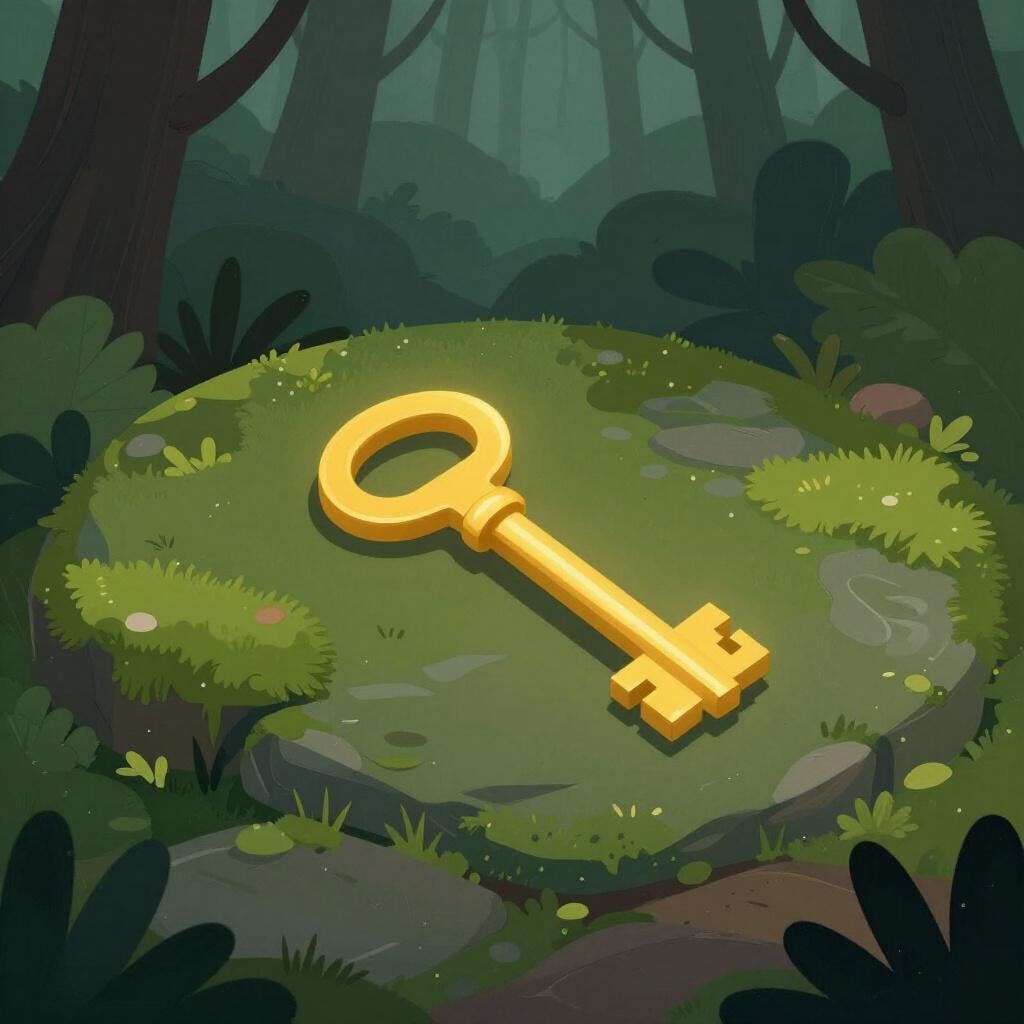 神秘を表す、霧深い森の小道の真ん中に置かれた光る鍵。