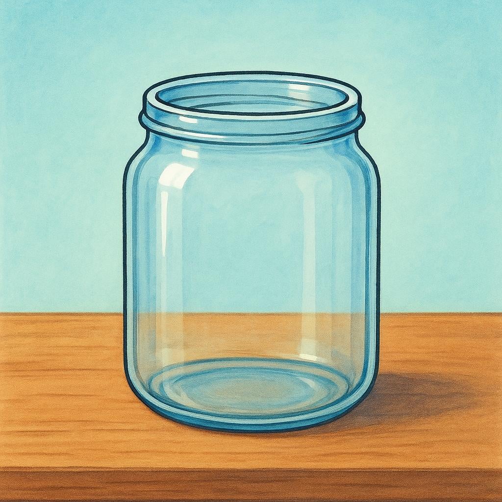 A transparent glass jar sitting on a wooden table, completely empty inside, illustrating a lack of contents.
