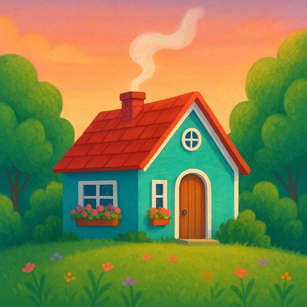 A cozy, brightly colored cottage with smoke coming from the chimney, surrounded by lush greenery under a soft, warm sky, symbolizing a comfortable home.