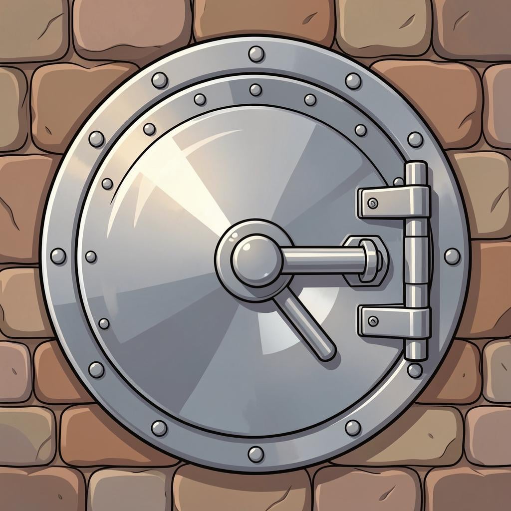 A thick, heavy round metal door of a secure room used for storing valuables.