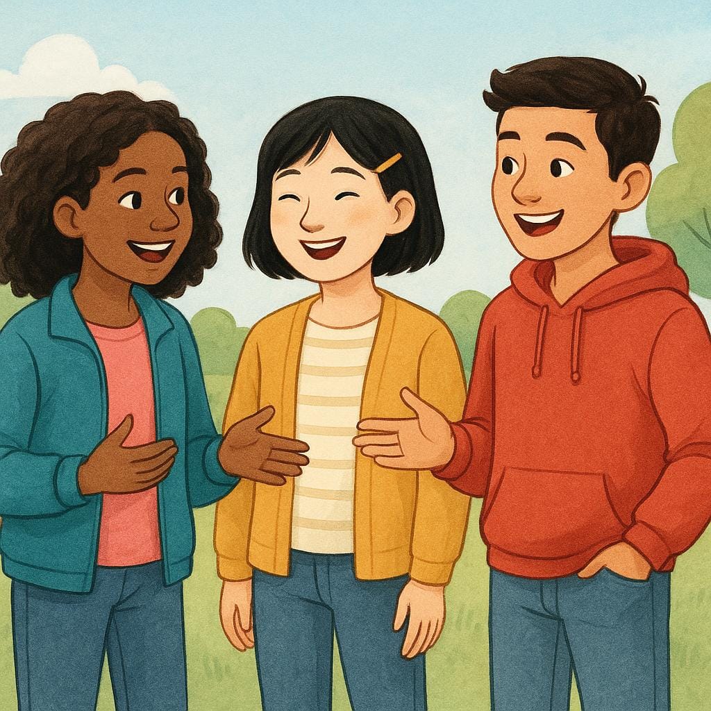 A small, diverse group of three smiling teenagers stands together outdoors, talking cheerfully and representing a collective group.