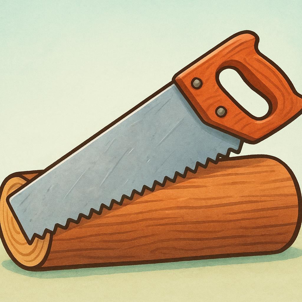 A simple illustration of a large hand saw with a shiny, serrated blade and a brown wooden handle, resting on a piece of wood.