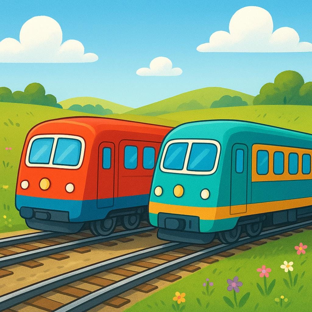A high quality storybook illustration showing two brightly colored passenger trains traveling side-by-side on parallel railway tracks through a sunny, green meadow.