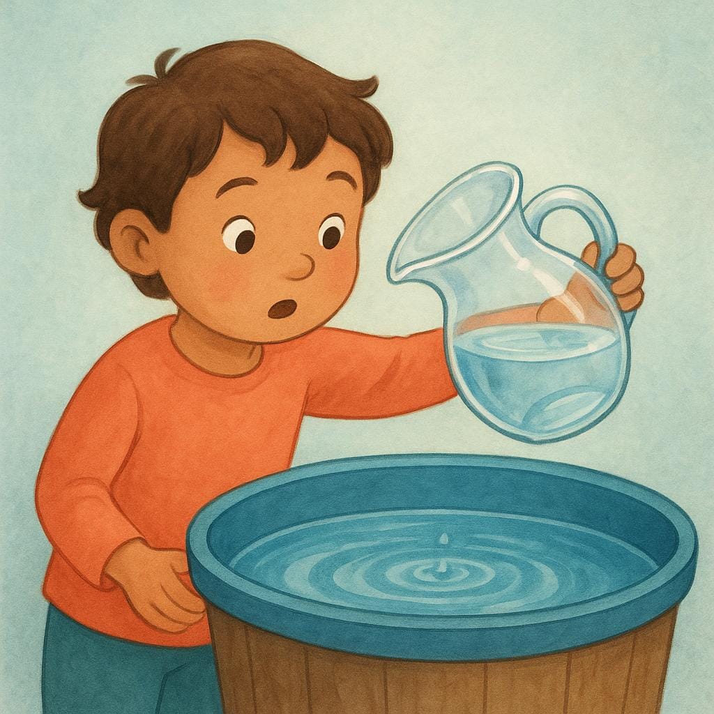A young child holding an empty, clear pitcher, looking expectantly at a large blue water dispenser, expressing curiosity about the amount of water available.