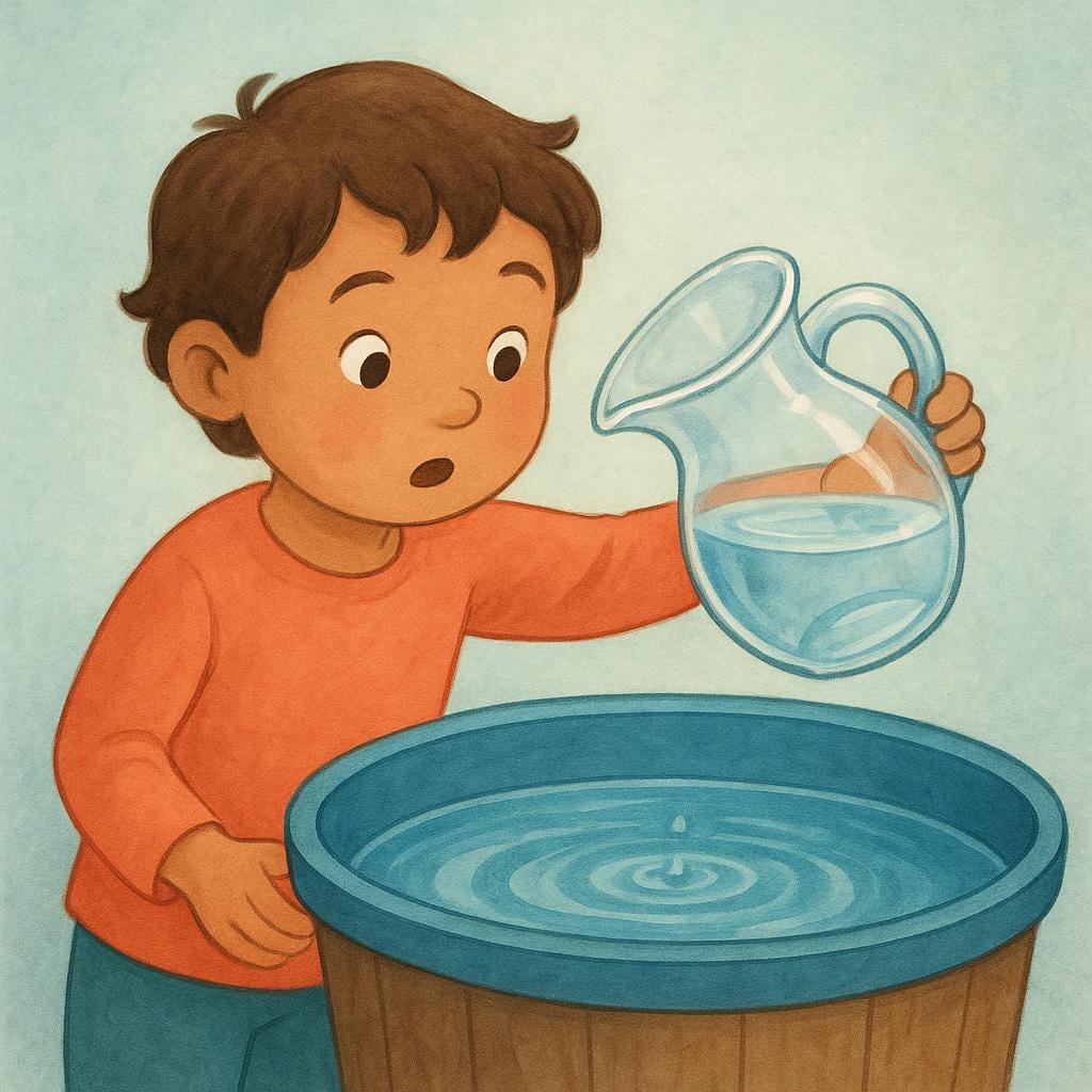 A young child holding an empty, clear pitcher, looking expectantly at a large blue water dispenser, expressing curiosity about the amount of water available.