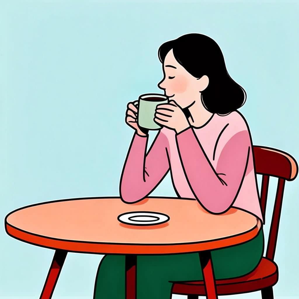 Eine Frau sitzt bequem an einem Tisch und nippt an einem dampfenden Kaffeebecher.