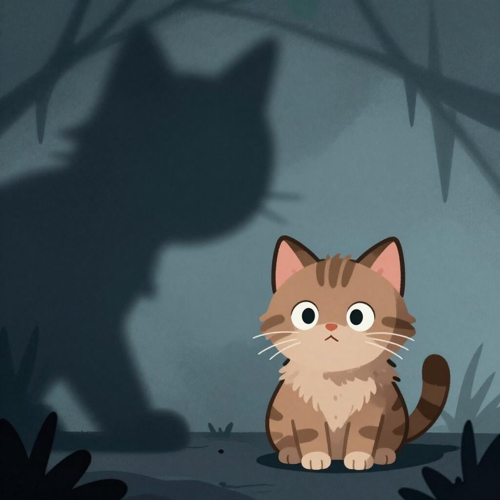 A small, wide-eyed kitten with its fur standing on end, looking at a dark, spooky shadow on a wall.