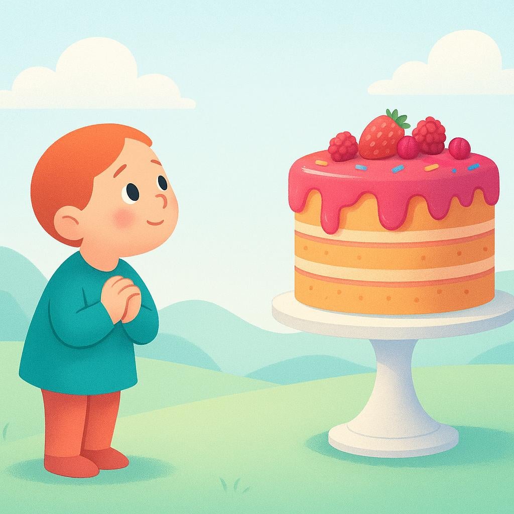A stylized character standing and looking longingly at a large, colorful piece of cake placed far away on a pedestal, symbolizing desire or wanting.
