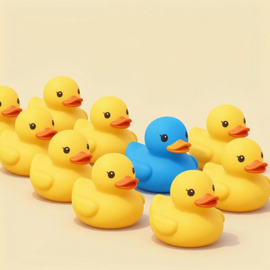 A row of several identical yellow ducks with one bright blue duck in the middle.