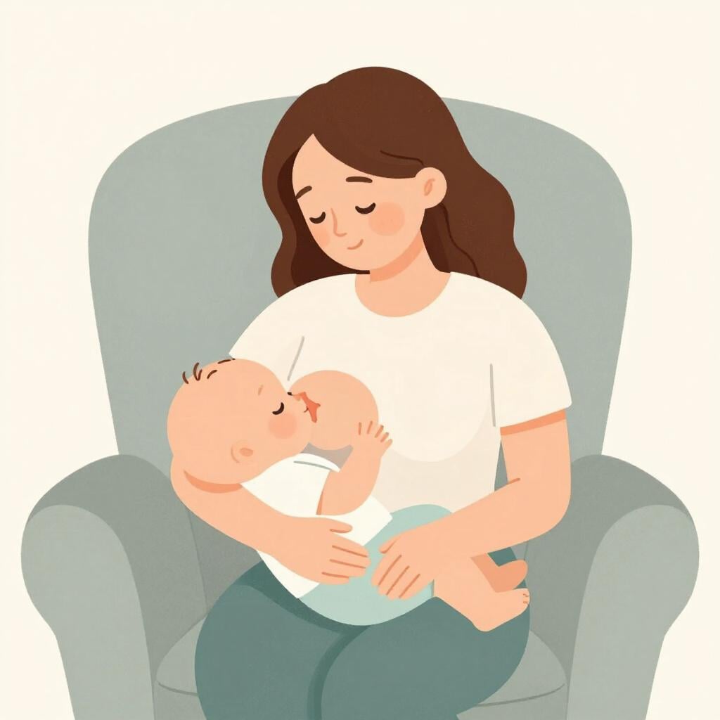 Eine einfache Bilderbuchillustration einer Mutter, die sanft ein stillendes Baby hält.