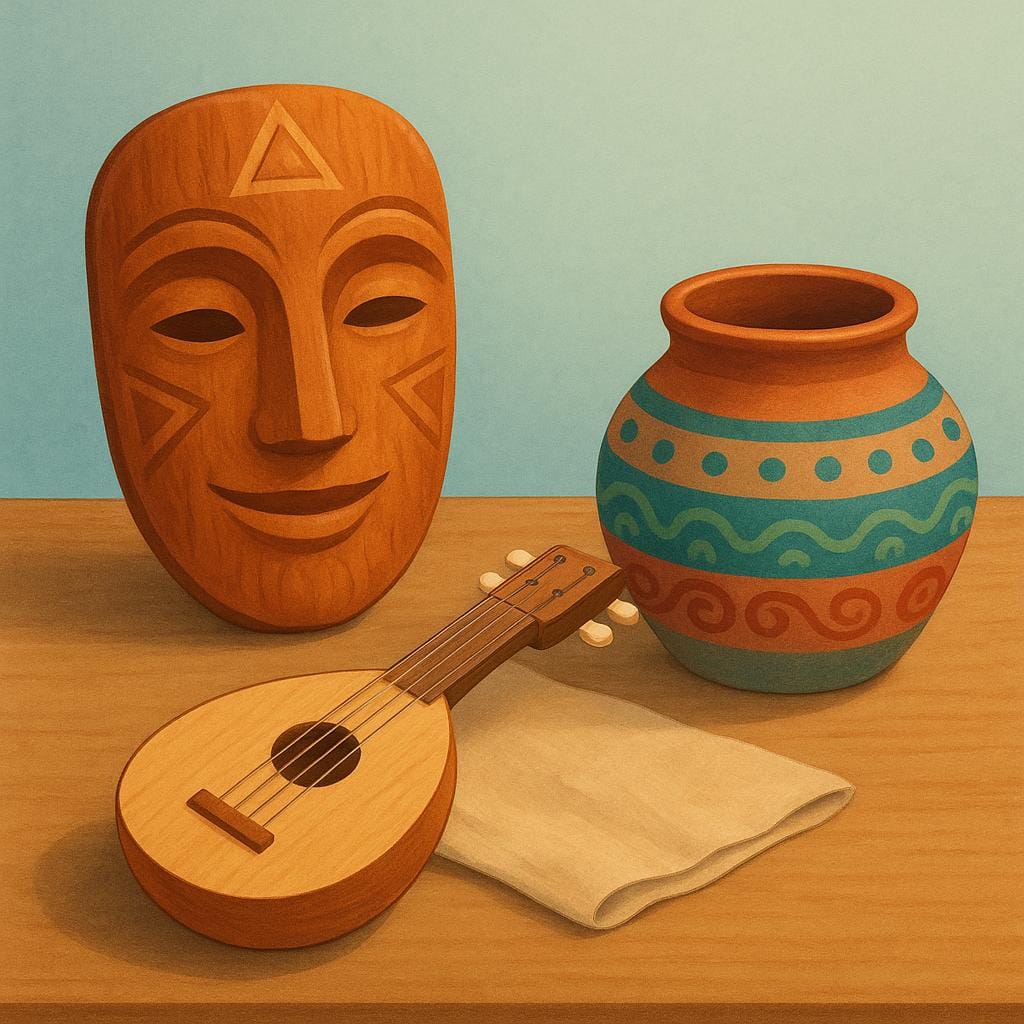 A colorful storybook illustration showing three distinct cultural objects arranged together: a stylized wooden mask with geometric patterns, a simple stringed instrument resembling a lute, and a painted ceramic jar.