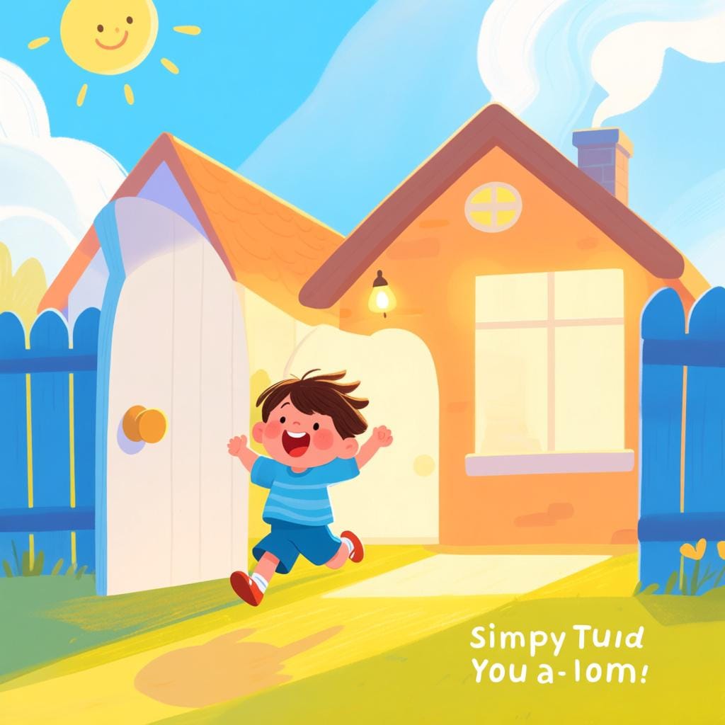 Un bambino con uno zaino che corre lungo un sentiero verso una casa accogliente e colorata.