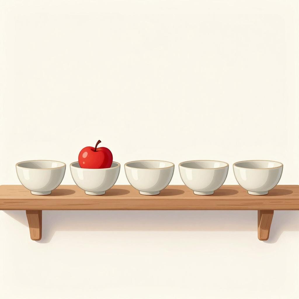 A row of seven colorful bowls on a shelf, with a single bright red apple placed in the center bowl to represent a weekly occurrence.