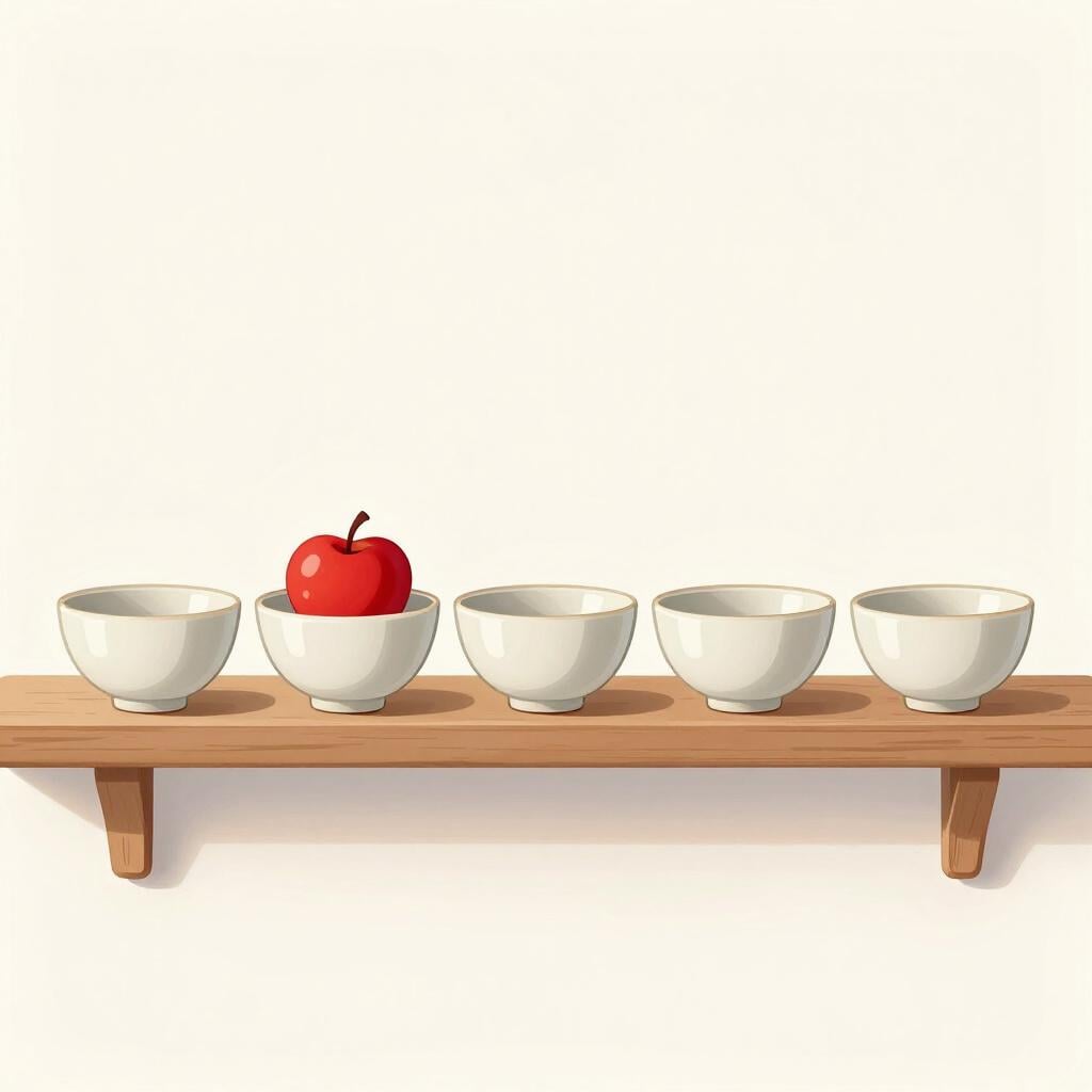 A row of seven colorful bowls on a shelf, with a single bright red apple placed in the center bowl to represent a weekly occurrence.