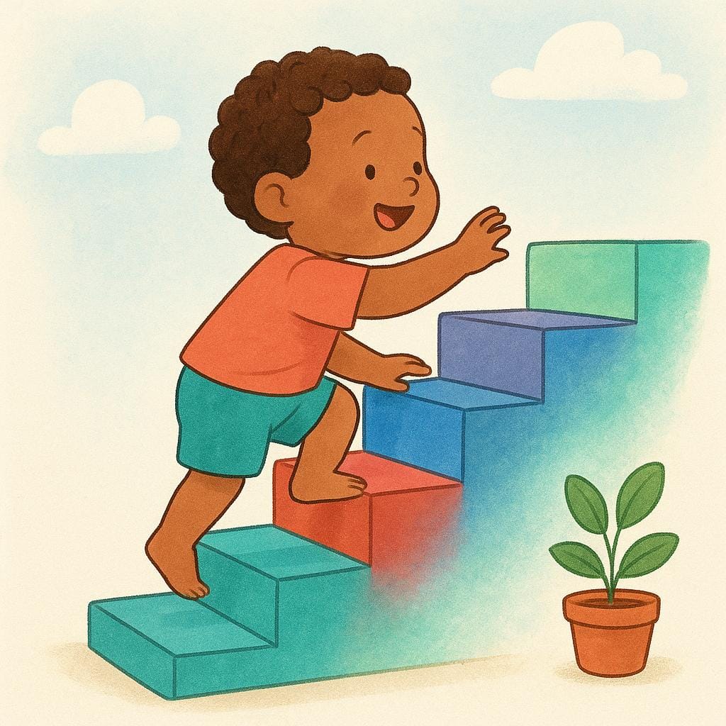 カラフルな短い階段を上っている笑顔の子供。上昇するという動詞を象徴しています。