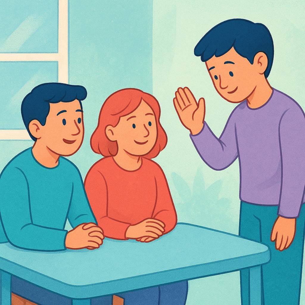 Uma pessoa levantando educadamente uma mão e inclinando ligeiramente a cabeça perto de uma mesa onde outras duas pessoas estão sentadas e conversando, sinalizando que precisa se retirar.