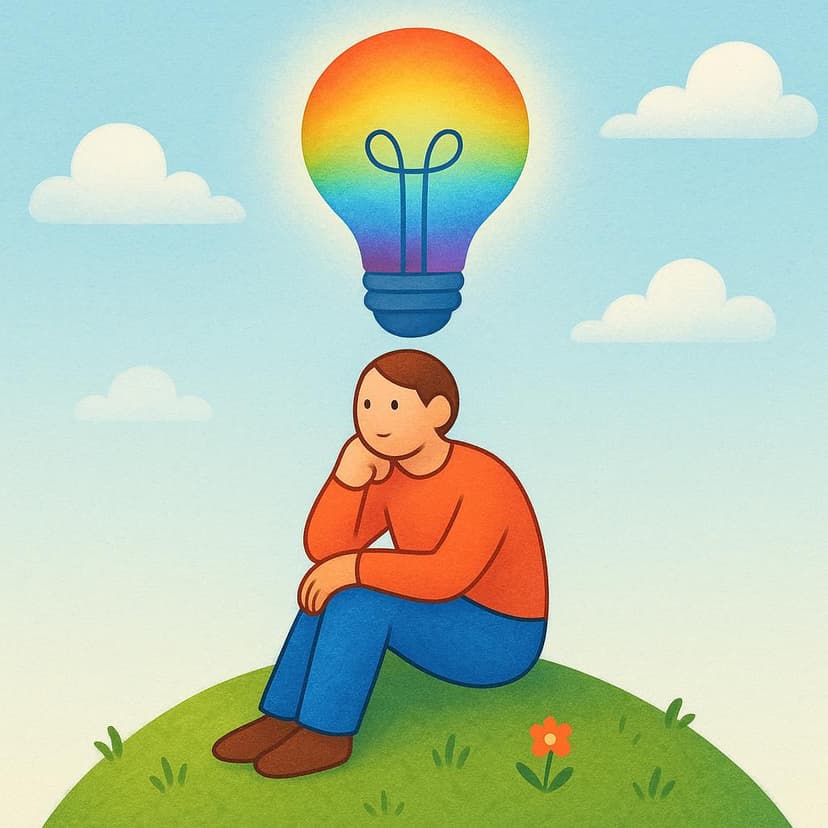 A thoughtful person sitting alone, holding their chin, with a bright lightbulb appearing above their head, symbolizing an emerging opinion.