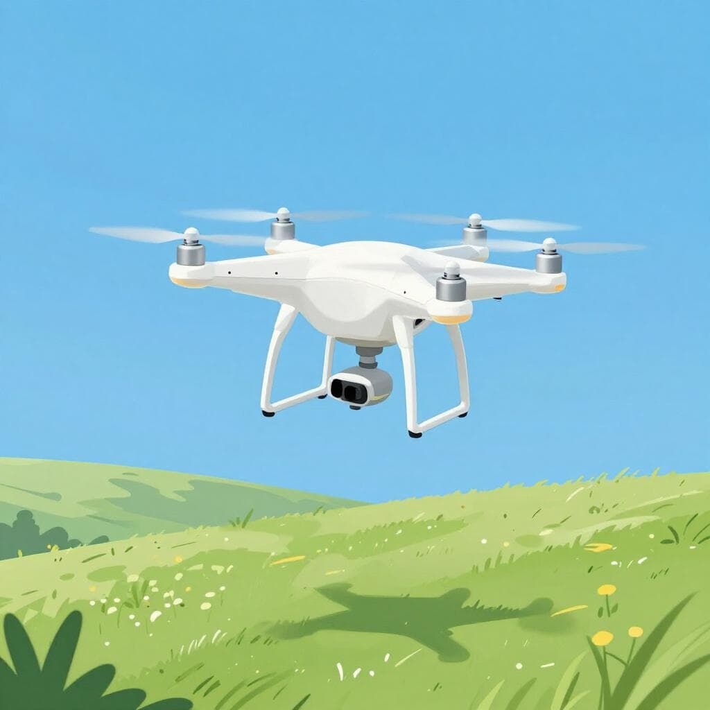 Um drone branco quadricóptero com quatro rotores voando em um céu azul brilhante acima de um prado verde.