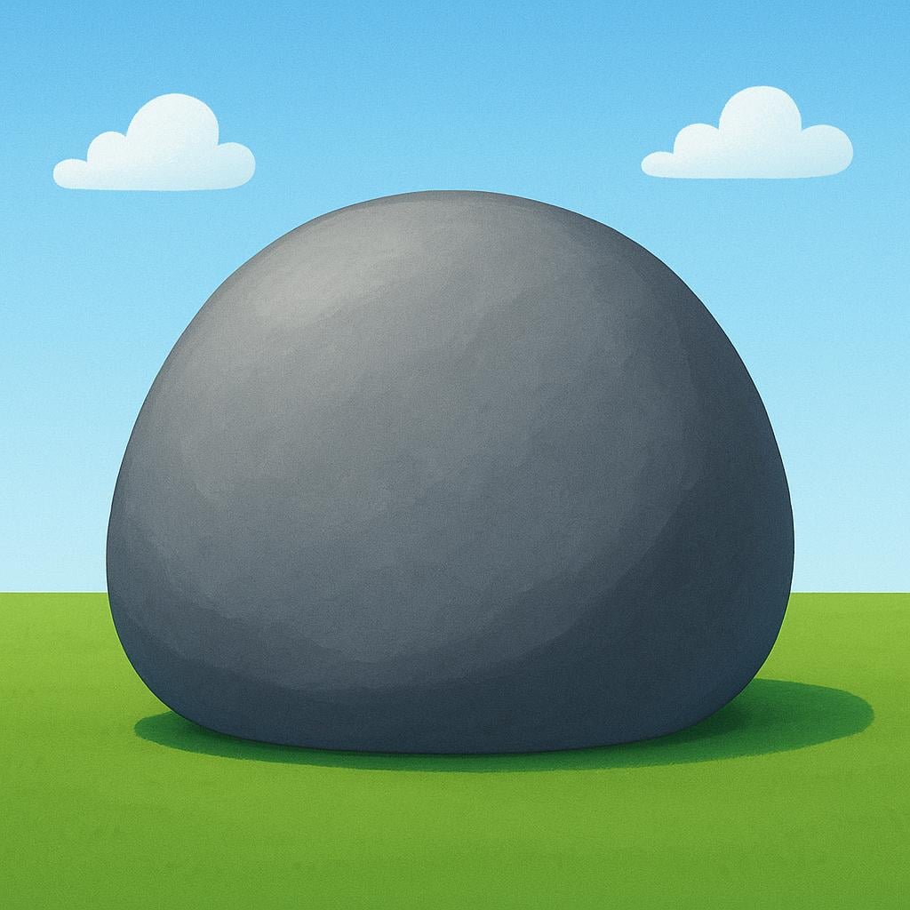 A massive, smooth, gray boulder resting firmly and solidly on flat green ground, illustrating stability.