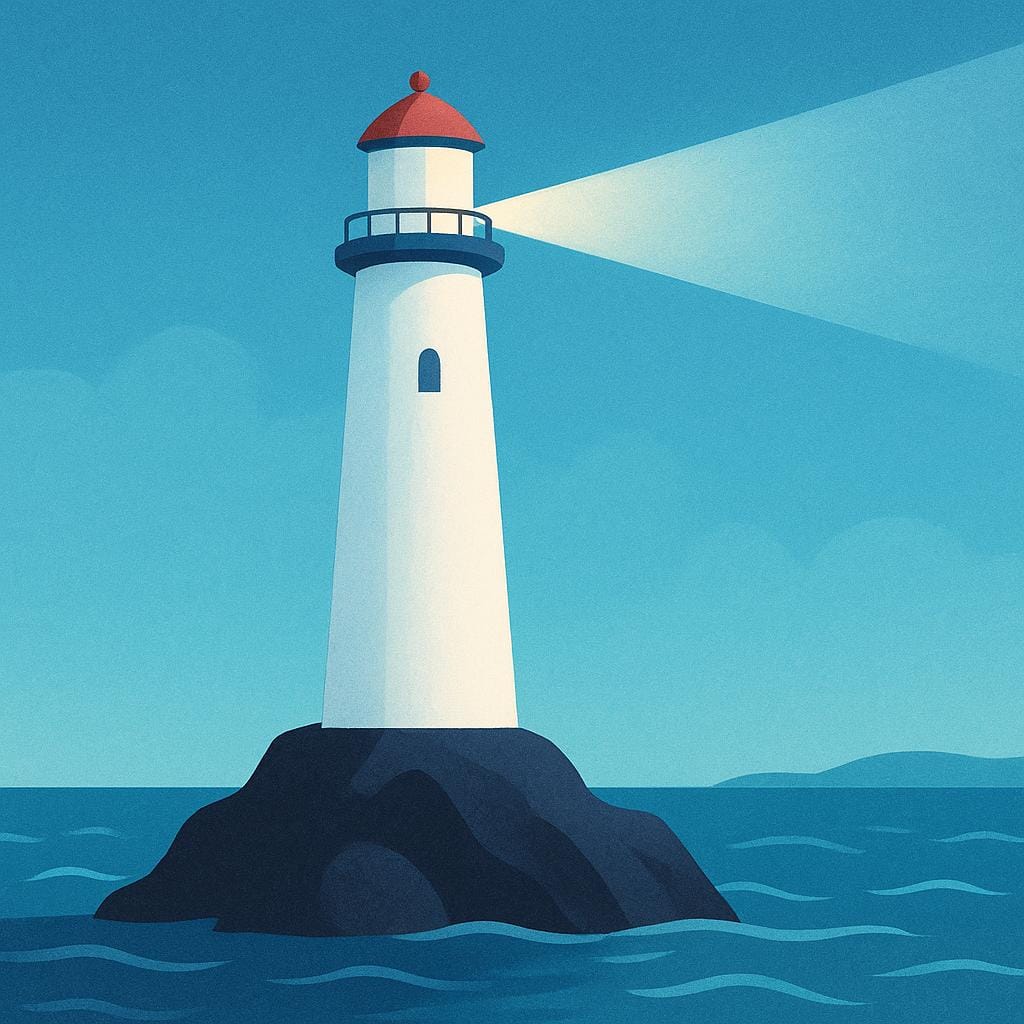 A sturdy, brightly lit lighthouse standing firmly on a rocky cliff, shining a strong beam of light over a calm, dark sea, symbolizing guidance.