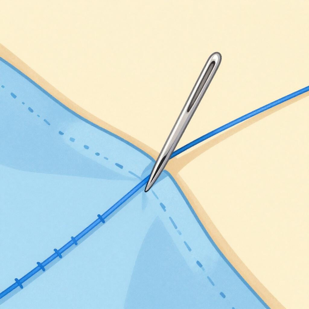 Eine Hand hält eine silberne Nadel mit blauem Faden, die zwei Stoffstücke farbenfroh zusammennäht.