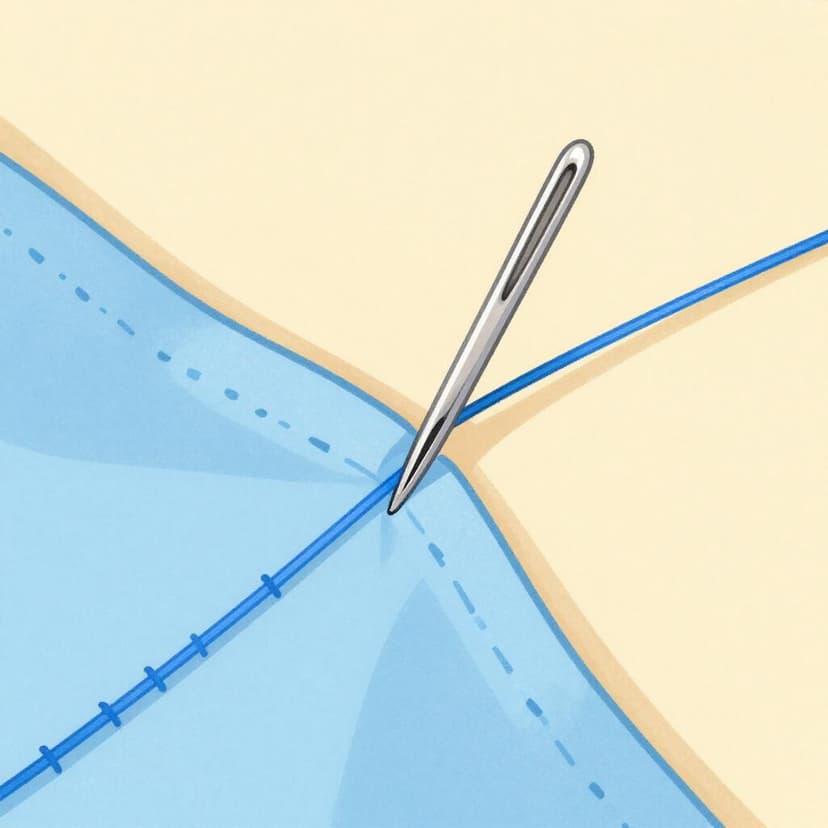 A hand holding a silver needle with a blue thread, stitching two pieces of colorful fabric together.