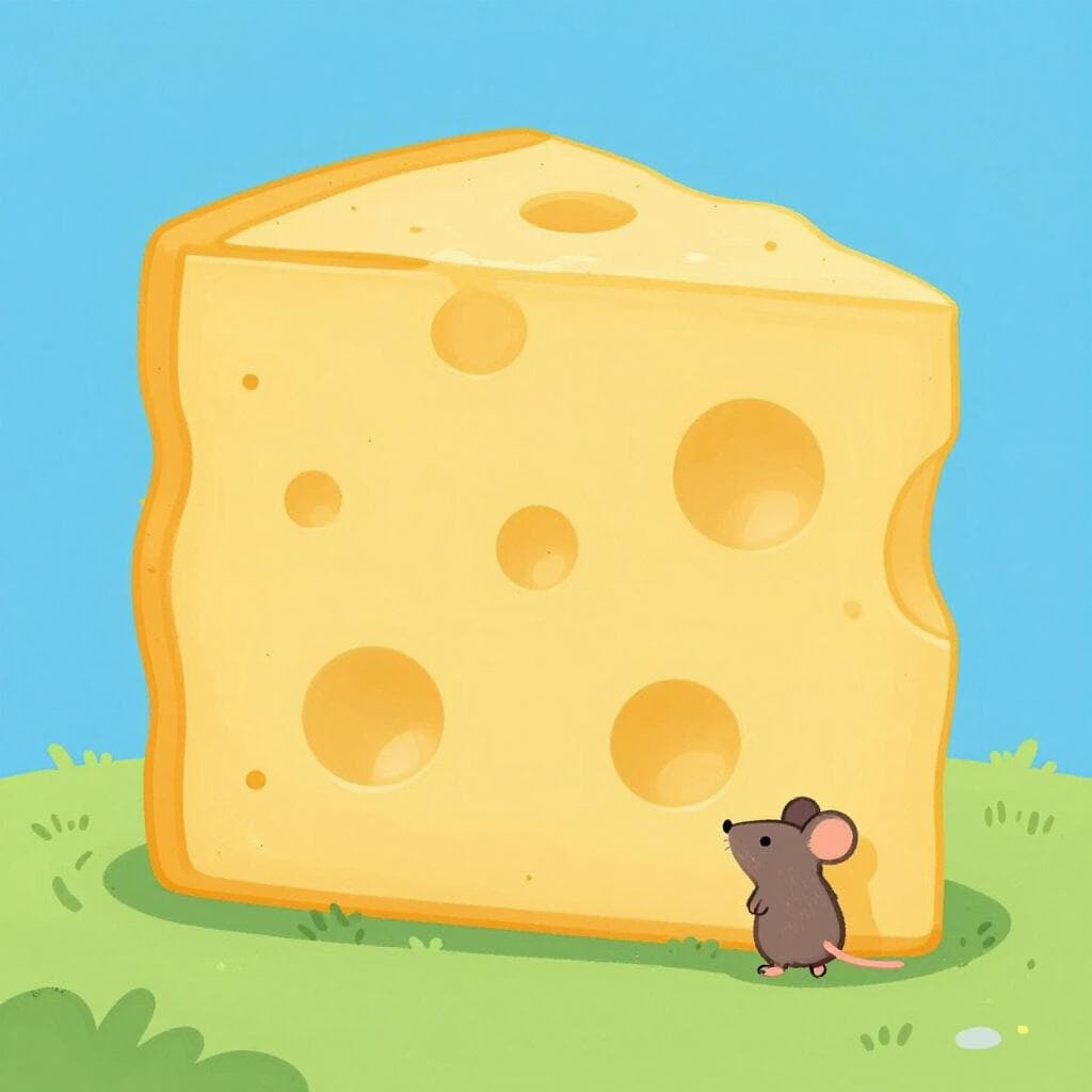 Een kleine muis die naast een berg kaas staat die vele malen groter is dan hijzelf, en er verbaasd uitziet.