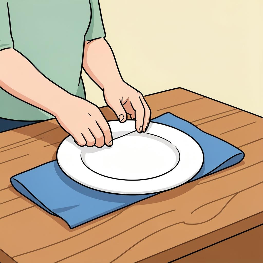 A person setting a dining table with plates, napkins, and silverware in a cozy room.