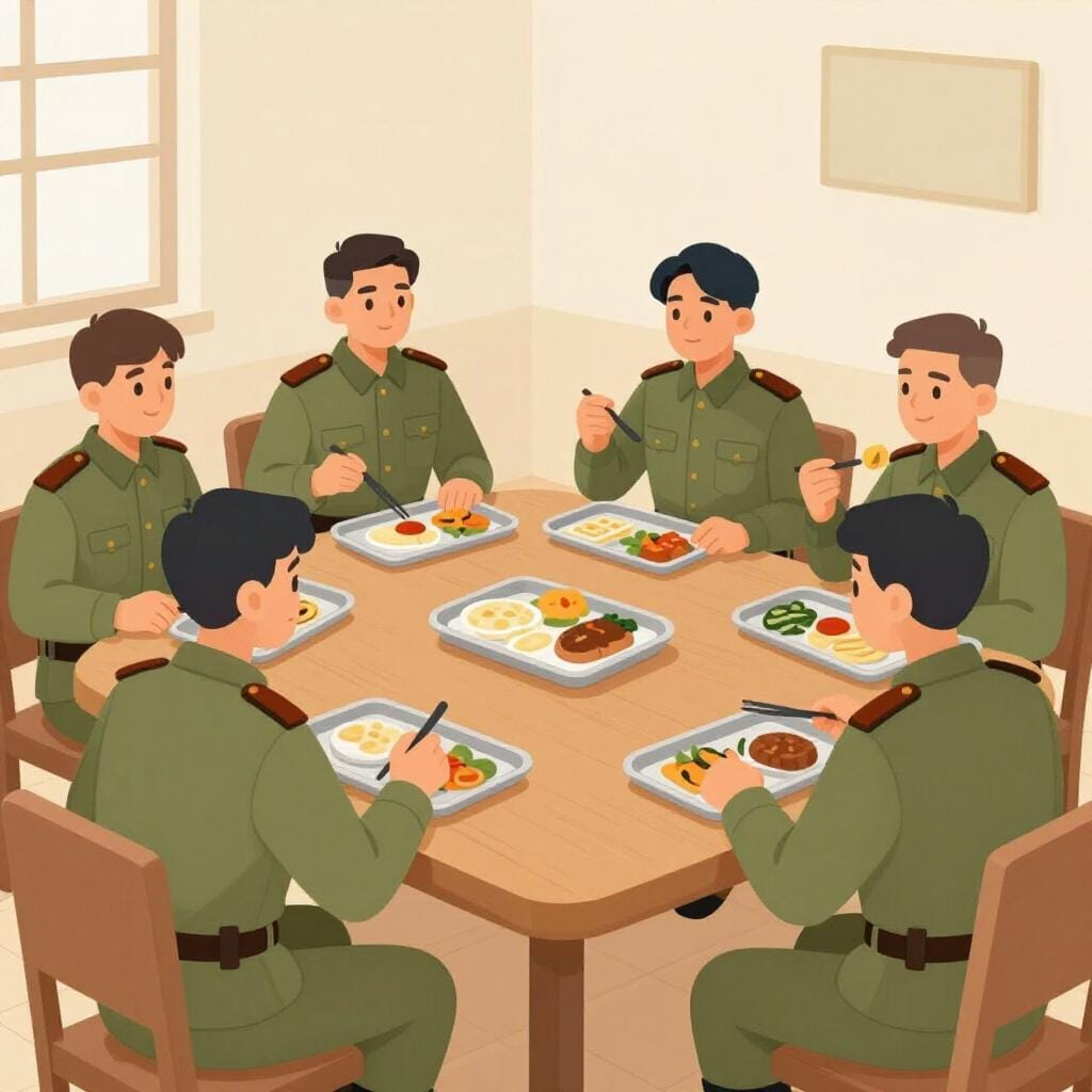 A group of soldiers sitting together at a long wooden table eating from metal trays in a simple mess hall.