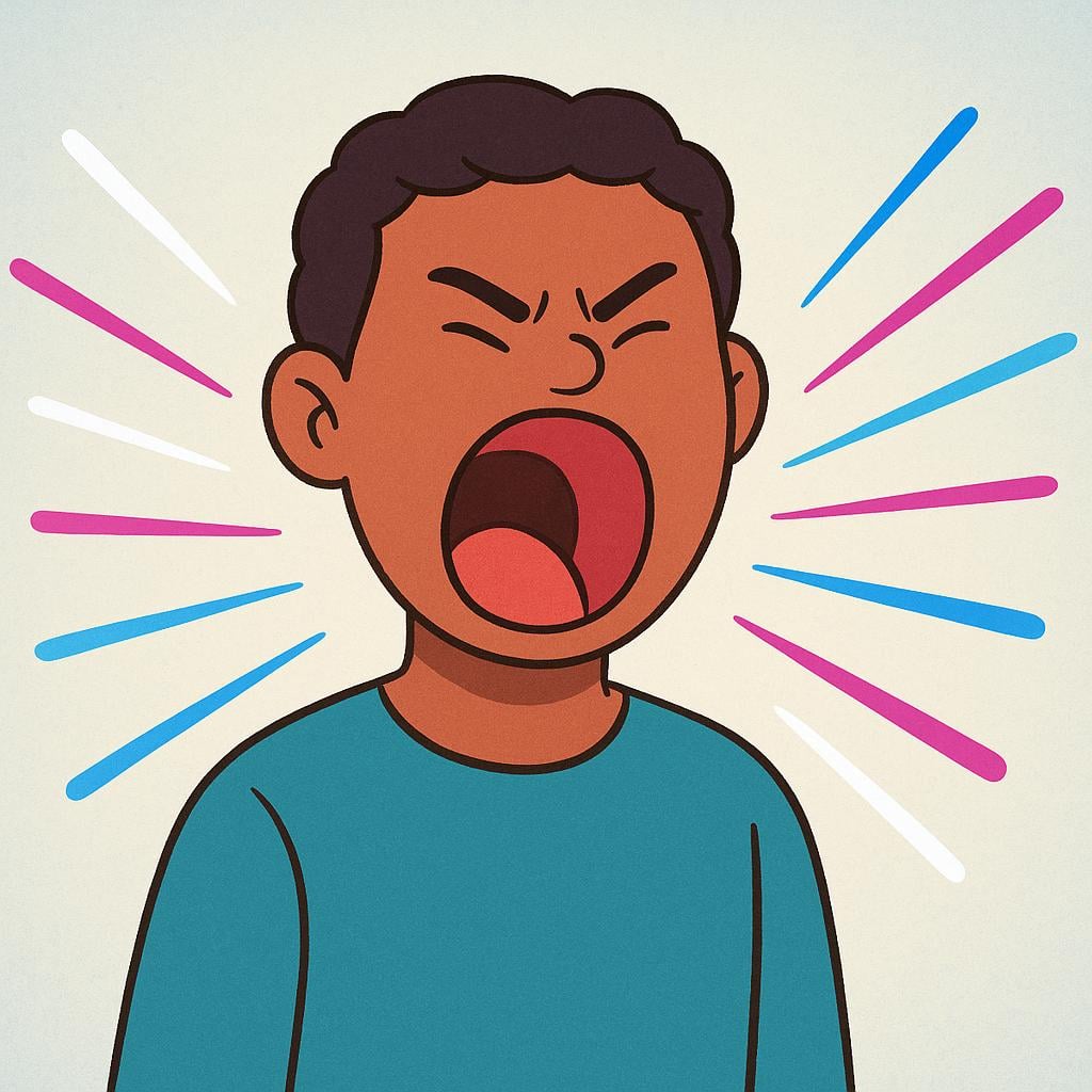 A brightly colored storybook illustration showing a simplified person standing on a hill with their mouth wide open, clearly yelling. Exaggerated visual lines radiate outward from their mouth, representing the loud sound.