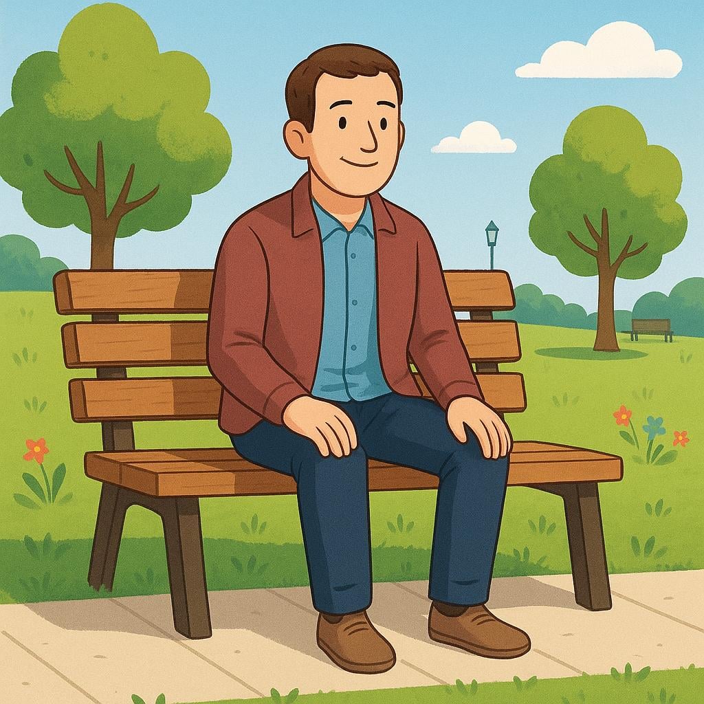 A colorful illustration depicting a cheerful man sitting alone on a wooden bench in a park, representing an unmarried man.
