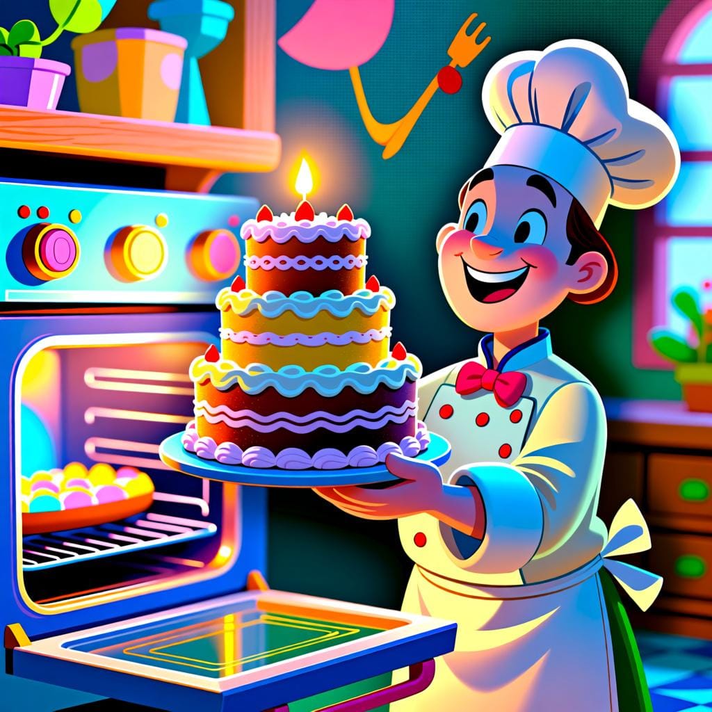 Un pasticcere che festeggia mentre una torta perfetta e dorata esce con successo dal forno.