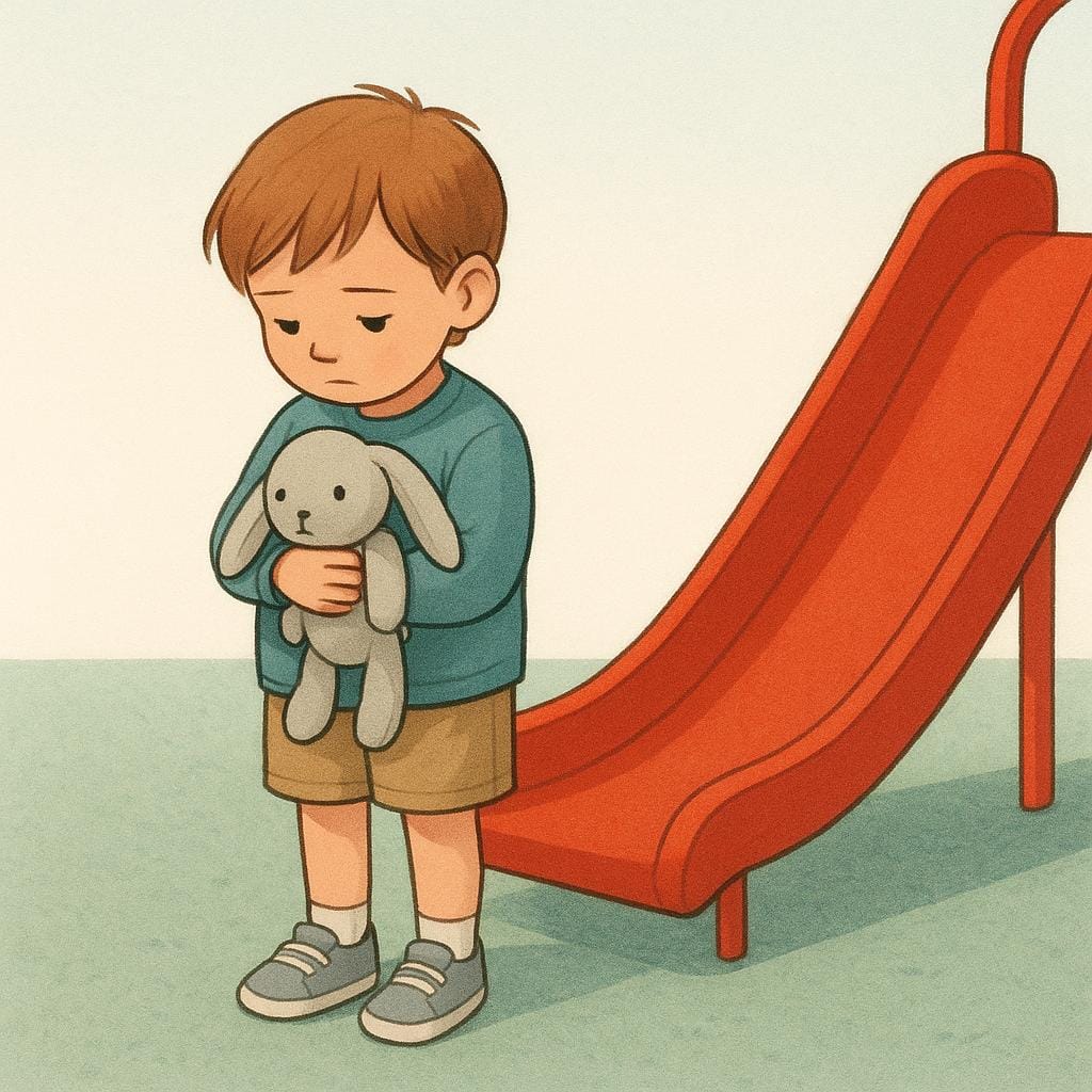 Uma criança pequena parada sozinha ao lado de um escorrega de parquinho vermelho vivo, segurando firmemente um coelho de pelúcia e olhando para os próprios pés, ilustrando uma pessoa tímida.