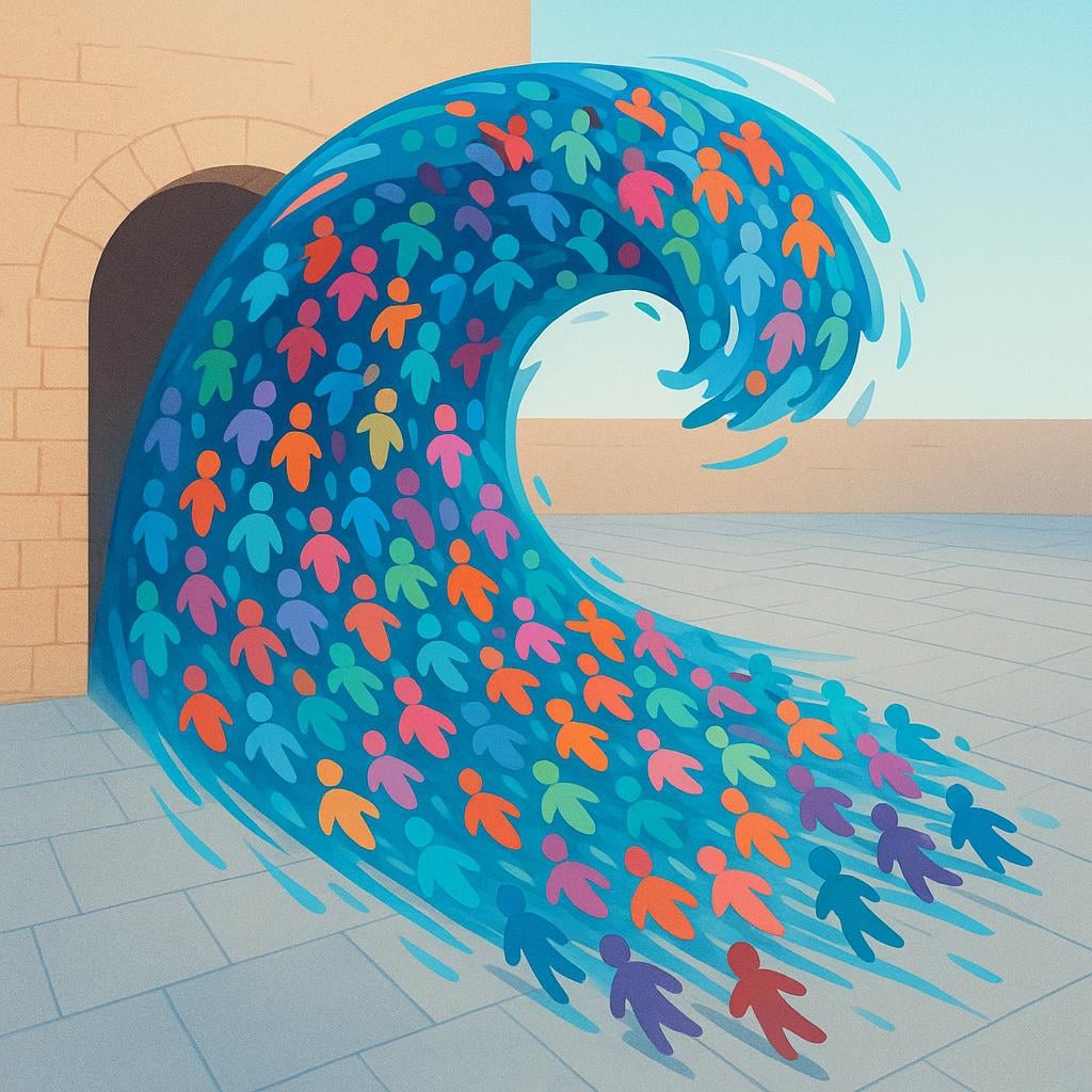 A colorful storybook illustration depicting a huge, dense wave of simplified, colorful figures flowing rapidly through a narrow passage and starting to fill an empty space, representing a massive influx.