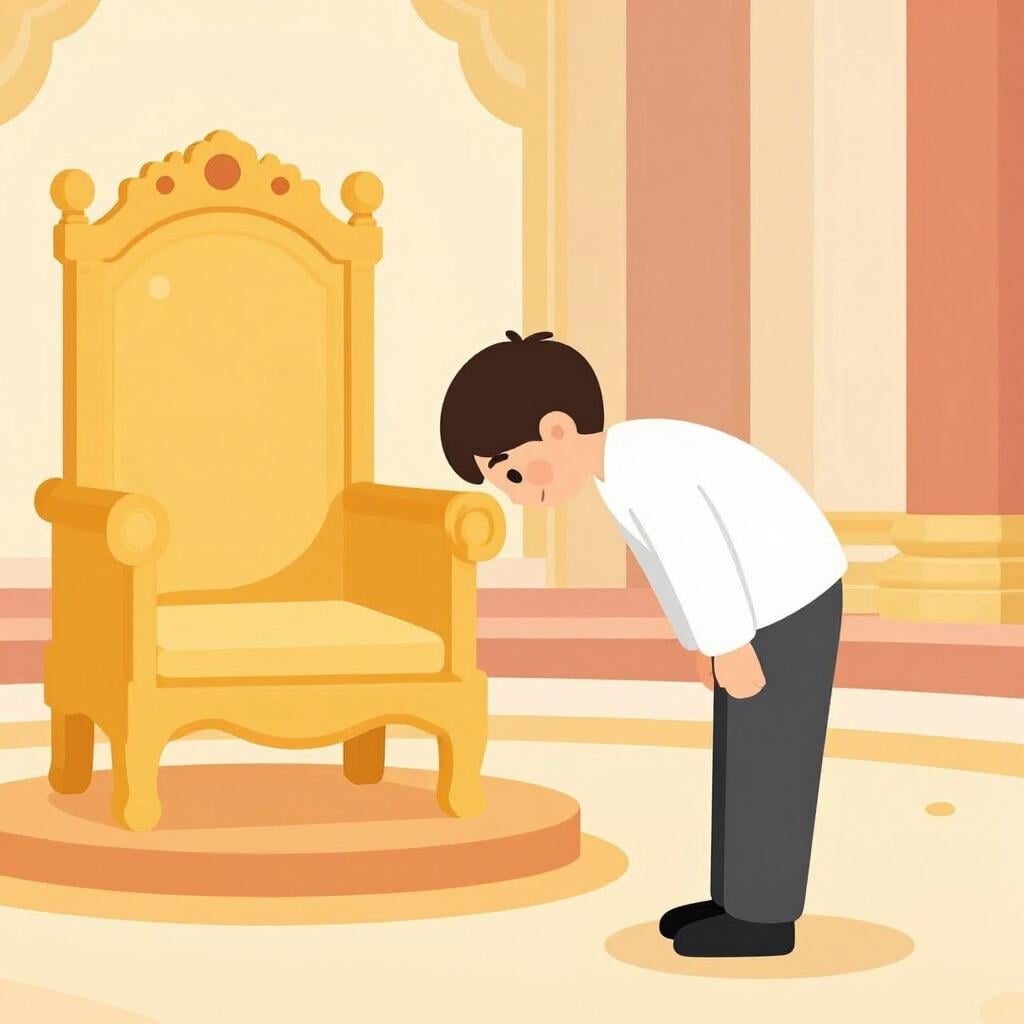 A person in simple historical clothing bowing respectfully towards a throne in a royal hall.
