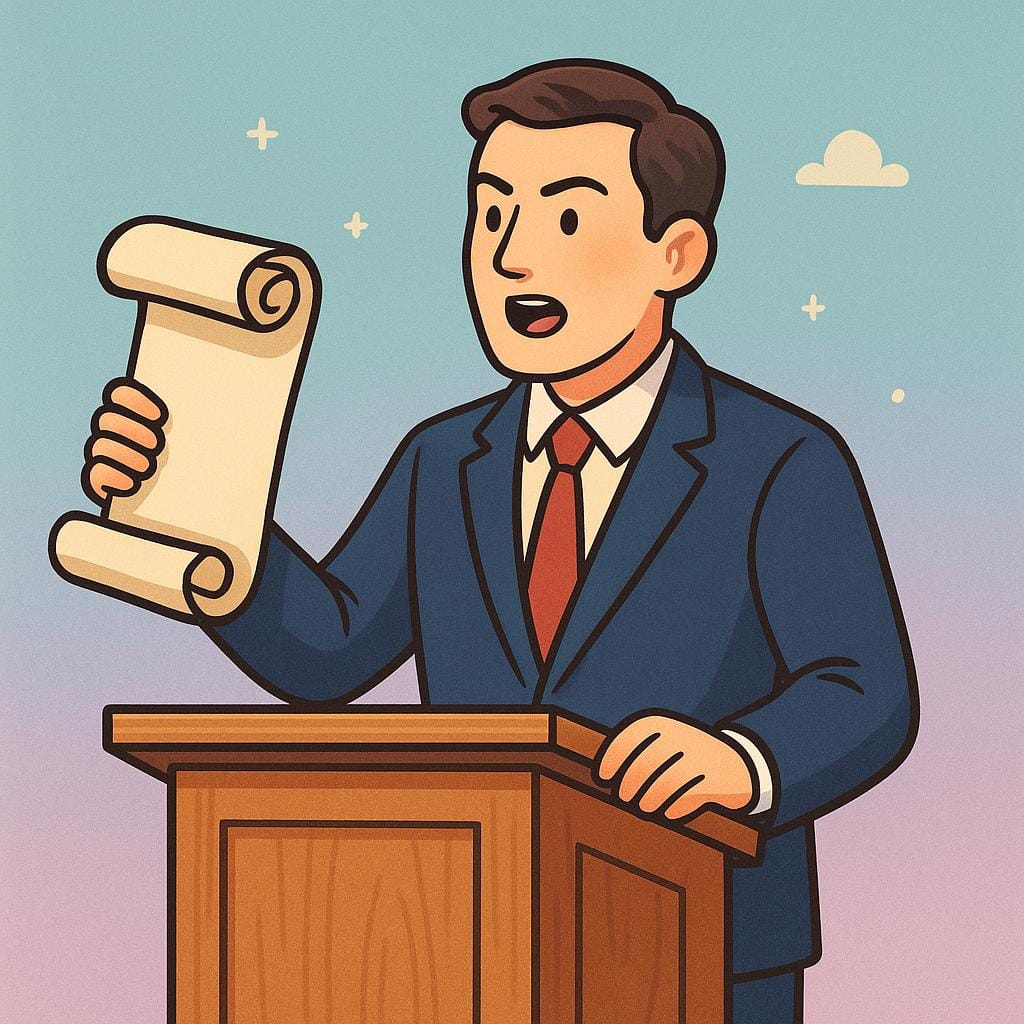 A person in formal attire stands at a wooden podium, holding a rolled-up scroll and speaking assertively, representing a formal declaration.