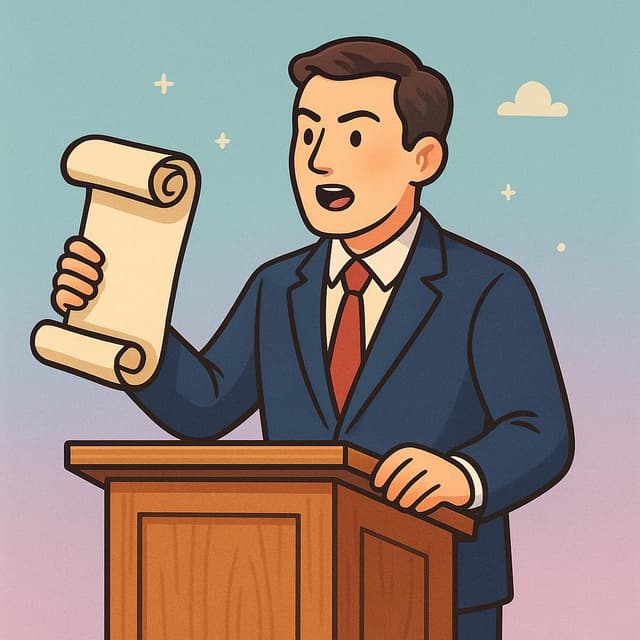 Een persoon in formele kleding staat aan een houten spreekgestoelte, houdt een opgerolde perkament vast en spreekt assertief, wat een formele verklaring vertegenwoordigt.