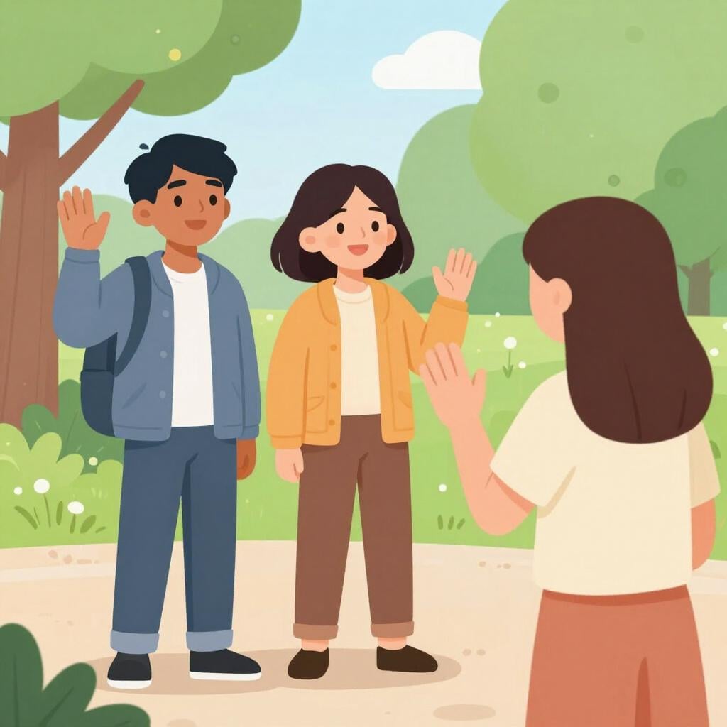 A group of friends smiling and waving to a friendly neighbor they all recognize and know well.