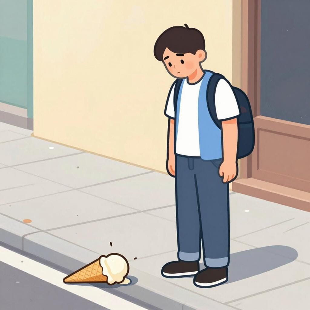 Um homem com expressão desapontada segurando um sorvete derretendo que caiu no chão.