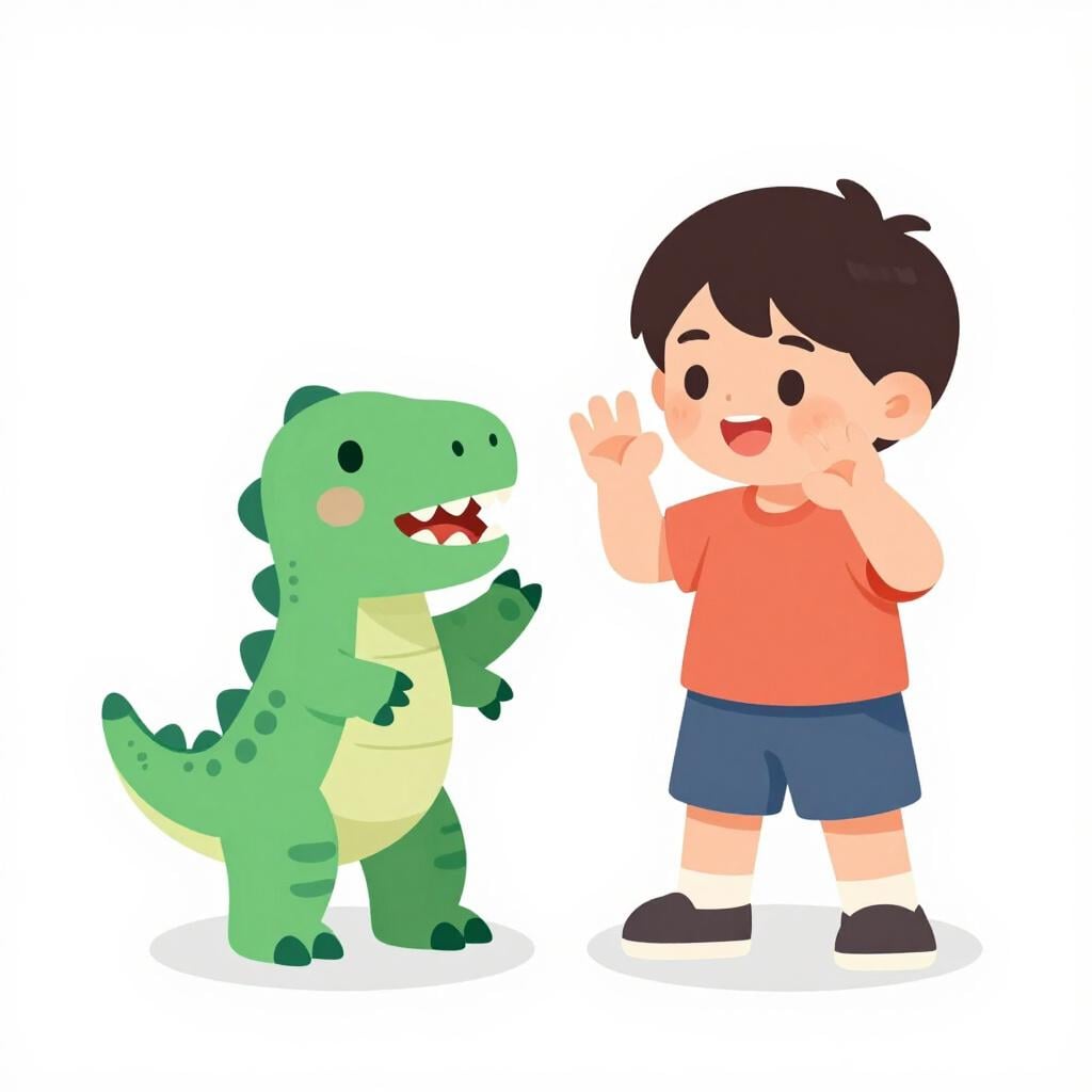 A child in a dinosaur costume showing a friend how to roar and stomp with their hands like claws.