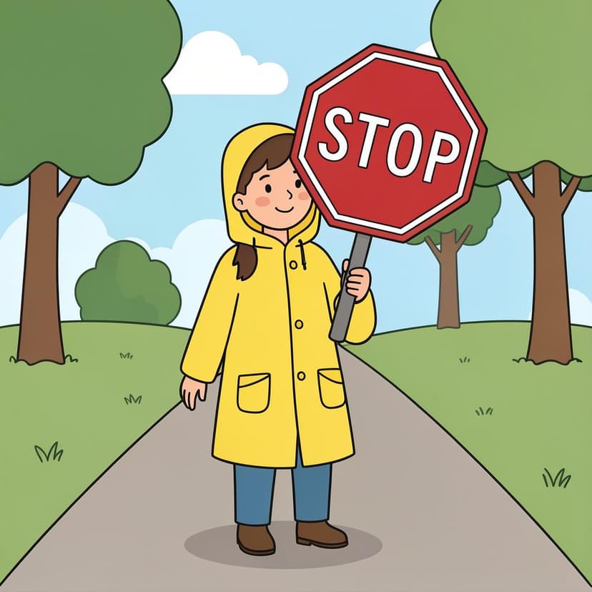A bright red octagonal sign held by a person in a yellow raincoat.