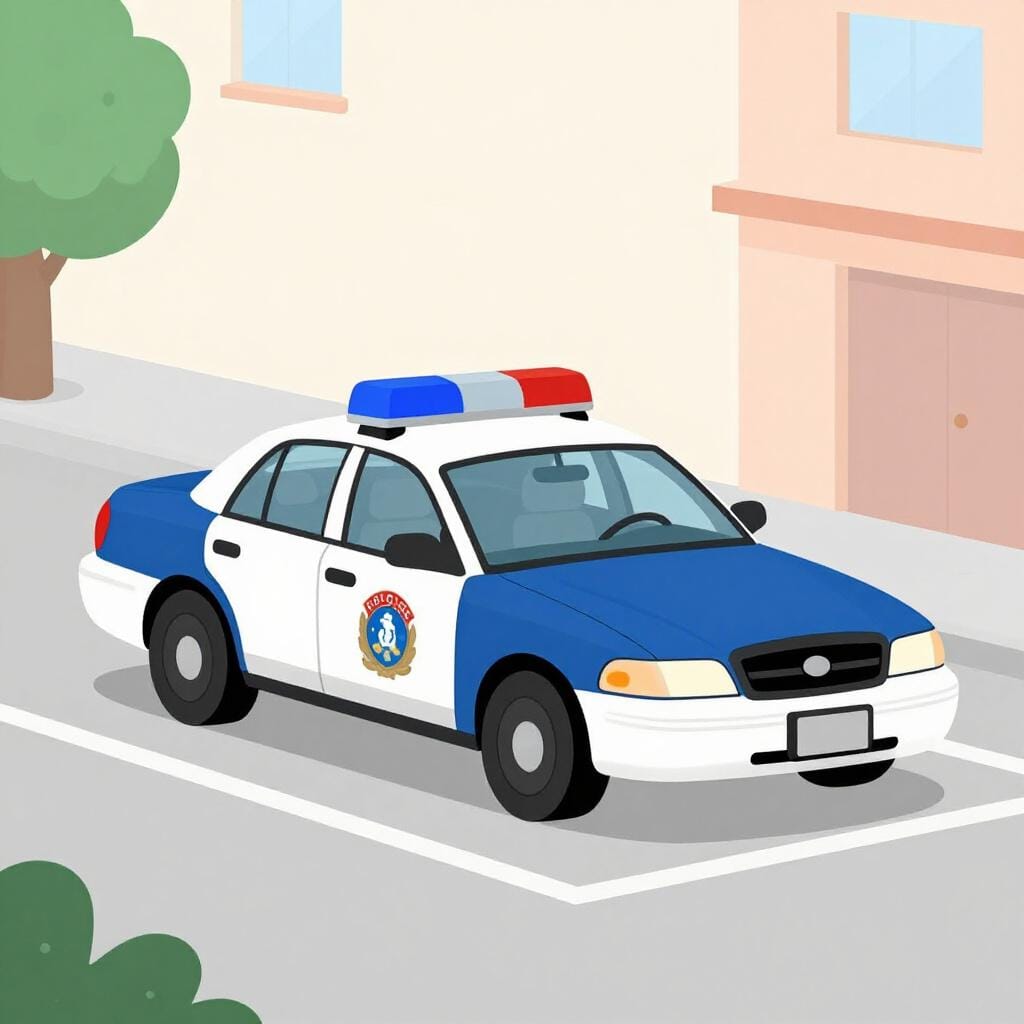 A blue and white patrol car with a flashing light on top parked on a city street.