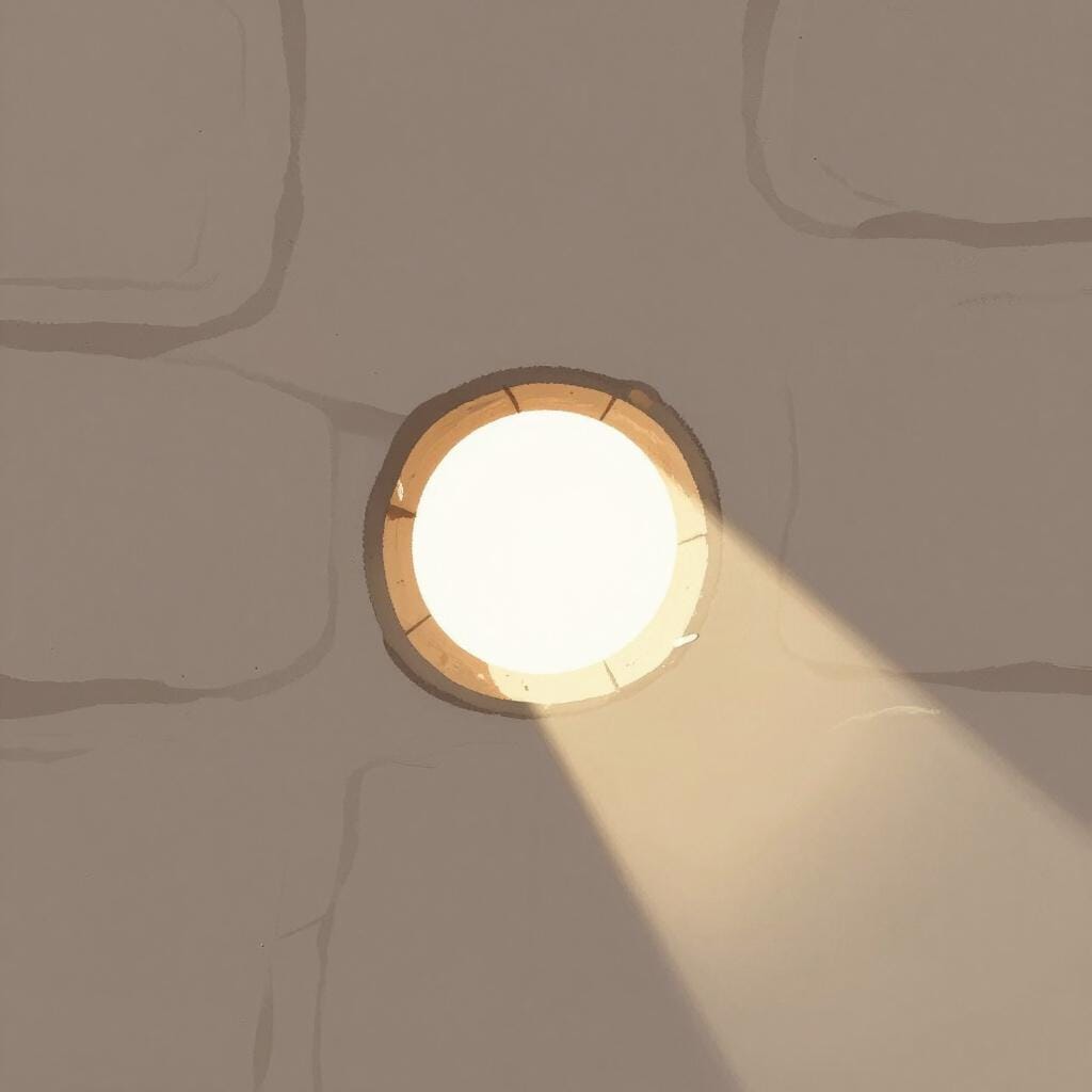 A small circular hole in a smooth stone wall with light shining through it.