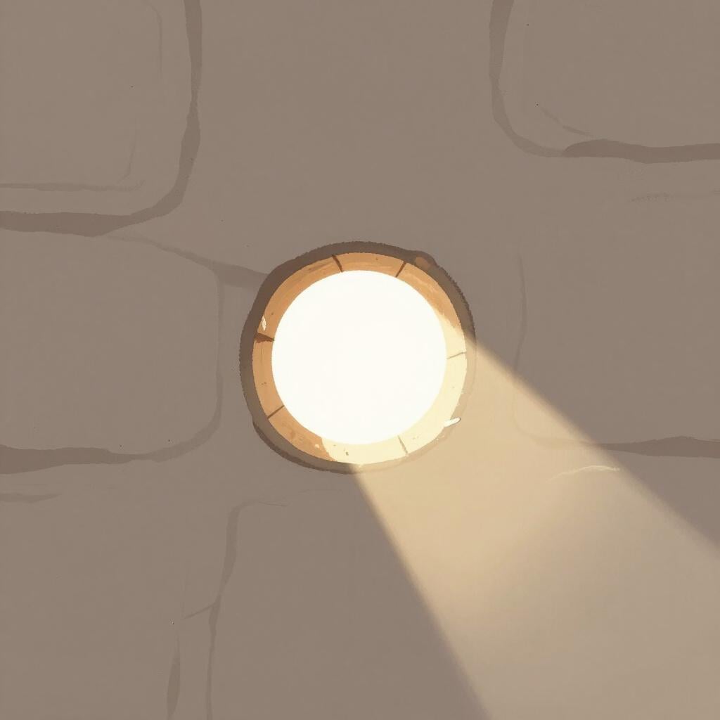 A small circular hole in a smooth stone wall with light shining through it.