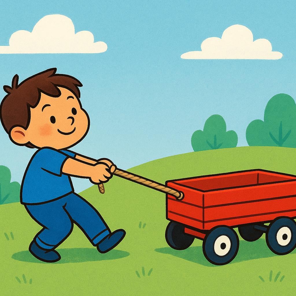 A child using a rope to pull a bright red toy wagon across a grassy surface.