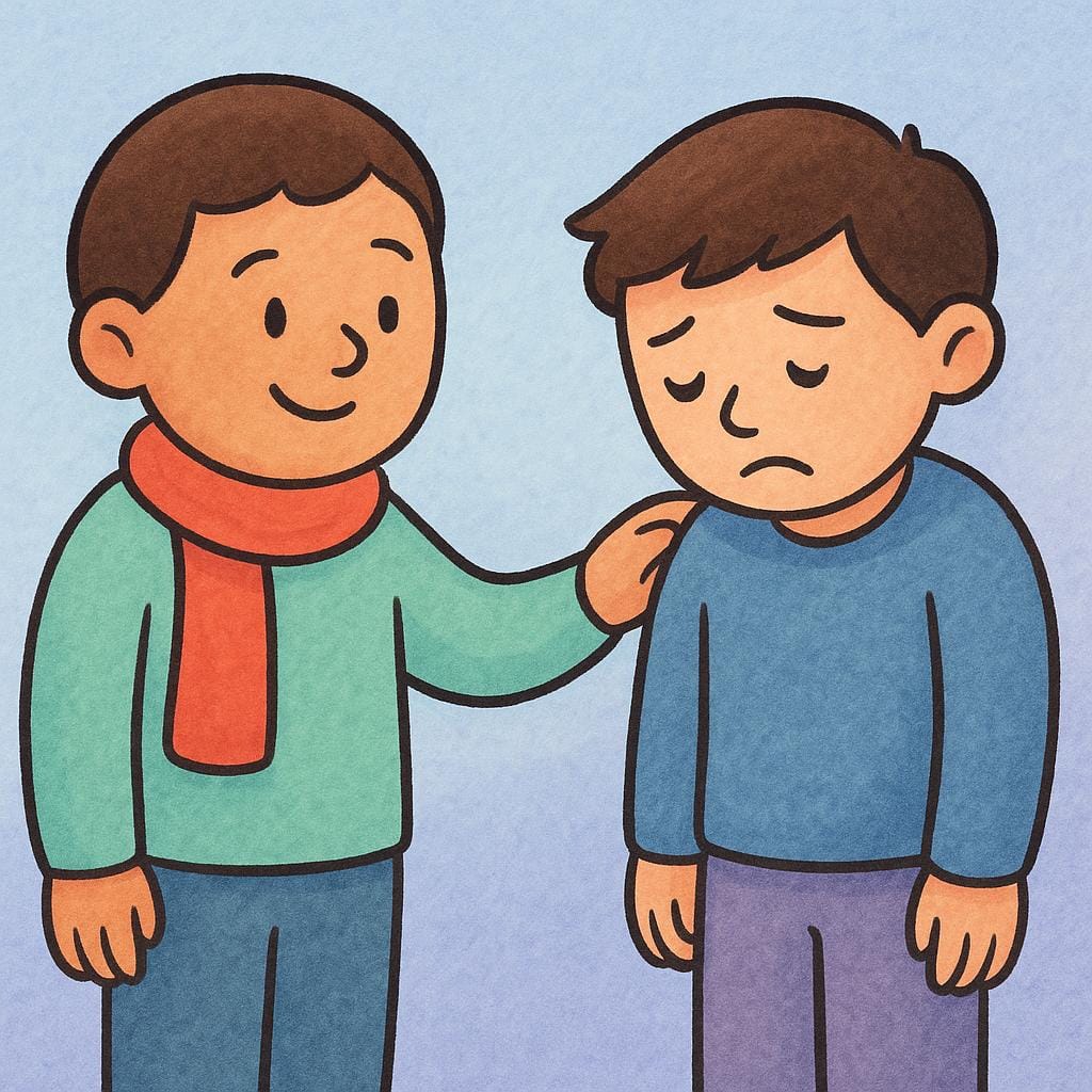 A smiling person gently pats the shoulder of a sad, slumped person, offering encouragement to lift their spirits.