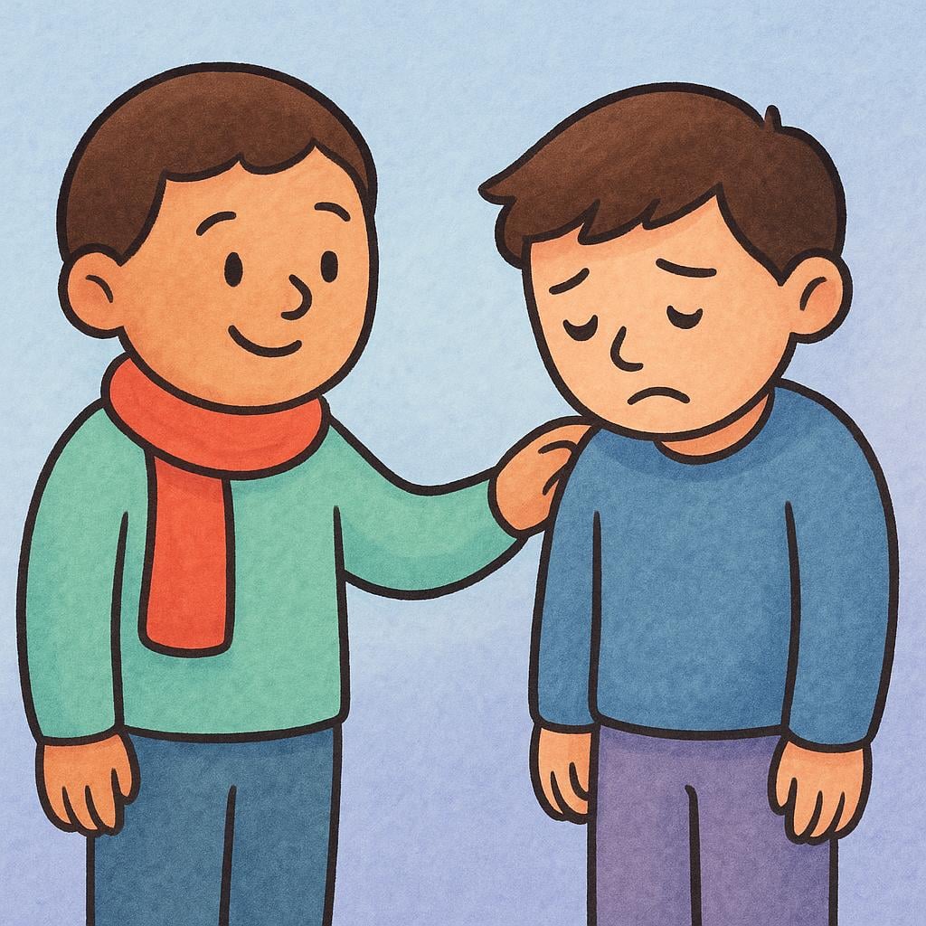 A smiling person gently pats the shoulder of a sad, slumped person, offering encouragement to lift their spirits.